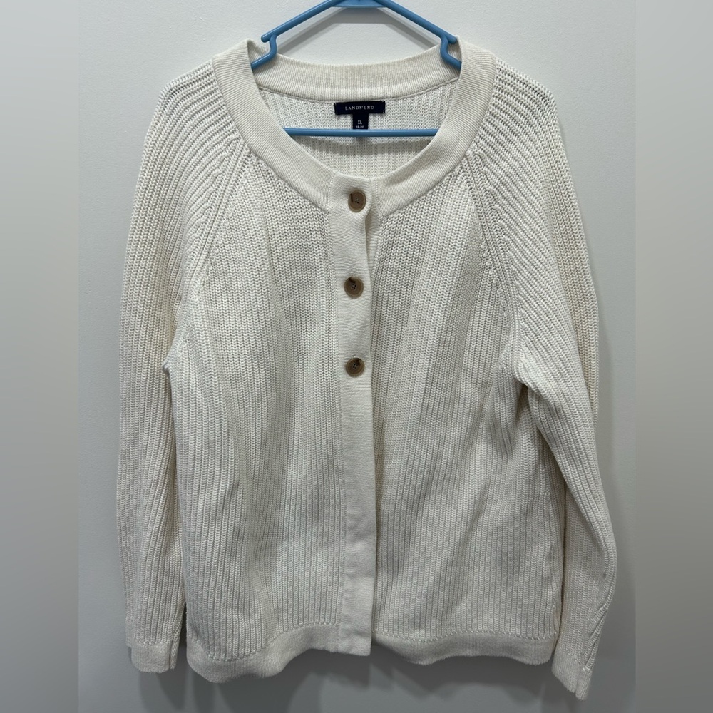 Land’s End Cardigan XL 18-20 White Chunky Heavy Knit Buttons Grandma Core Preppy
